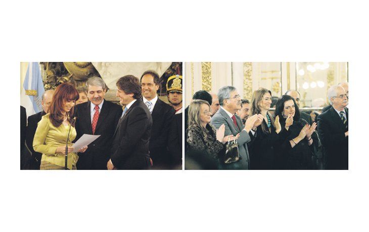 ámbito.com | Ambos sonrientes. Cristina le tomó juramento a Amado Boudou como ministro de Economía. Aplaudieron en el acto de ayer Alicia Kirchner, Julio De Vido, Débora Giorgi, Nilda Garré y Jorge Taiana.