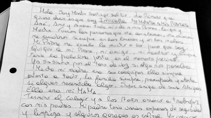 Carta escrita por Martín Santiago Del Rio.