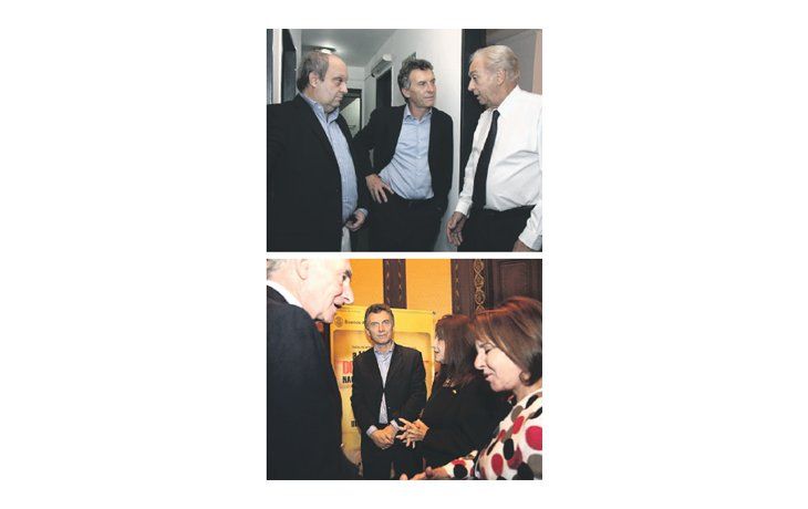 Arriba, Luis Brandoni departe con Mauricio Macri y el ministro de cultura Hernán Lombardi. Debajo, Fernando de la Rúa con Macri, Chiche Duhalde y Emma Illia, hija del ex presidente homenajeado por la obra de Rovner.