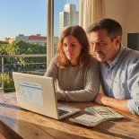 Una pareja en el departartamento que alquilan en Saavedra con calculadora y dólares sobre la mesa explora opciones de créditos hipotecarios en la computadora, el sueño de la casa propia es posible Una pareja en el departartamento que alquilan en Saavedra con calculadora y dólares sobre la mesa explora opciones de créditos hipotecarios en la computadora, el sueño de la casa propia es posible