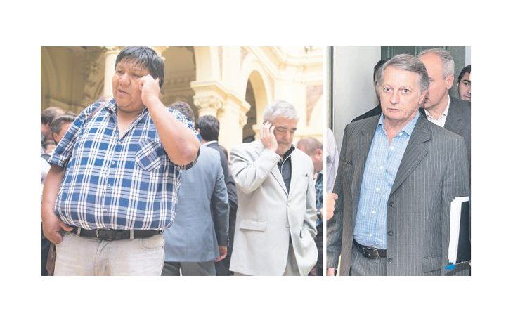El gobernador Mario Das Neves y el sindicalista Jorge Ávila tras el encuentro de ayer en la Casa de Gobierno que encabezaron los ministros Frigerio, Triaca y Aranguren (derecha) .