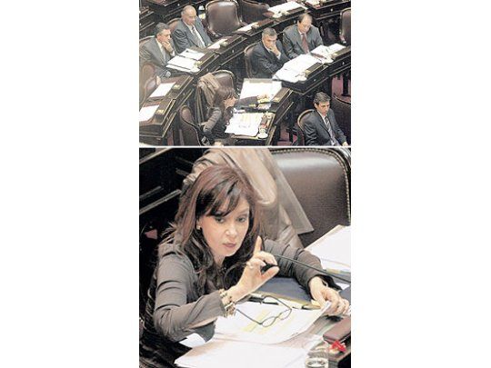 La senadora Cristina Kirchner tuvo una larga exposiciónpara defender el proyecto del gobierno para reasignarpartidas presupuestarias.