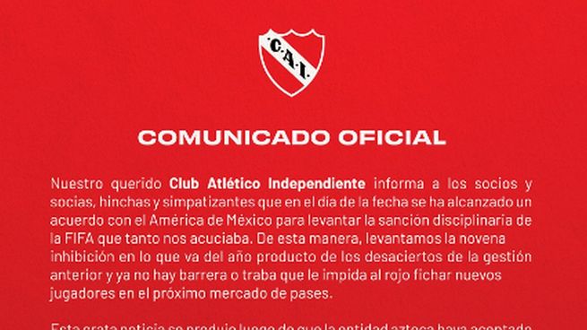En un comunicado, Independiente informó que tras pagar la deuda de u$s4 millones cancelará el resto con un plan de pagos que aceptó la institución mexicana. 