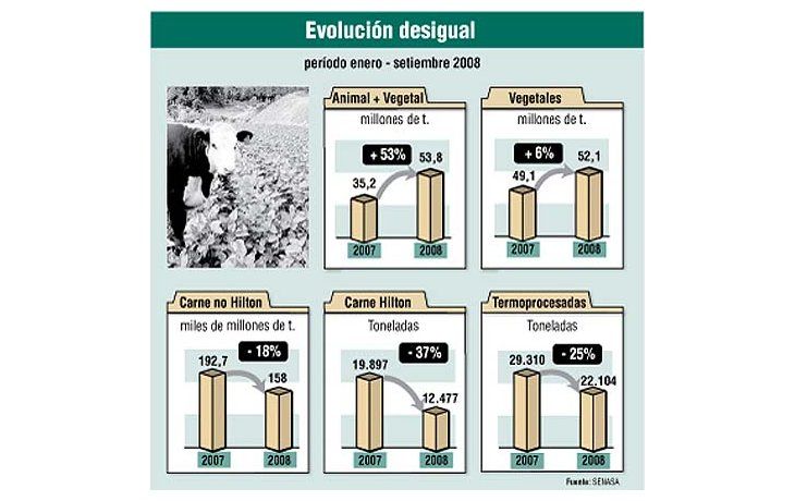 Creció exportación de granos, pero cayeron las ventas de carne