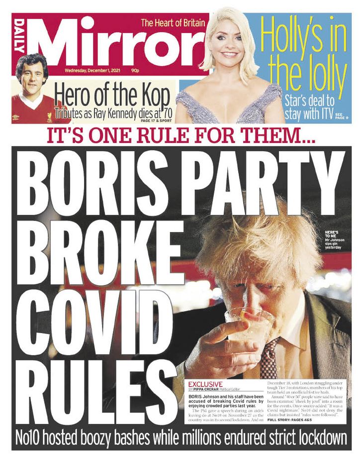 DESCRÉDITO. La fiesta navideña celebrada por el Gobierno de Boris Johnson fue tapa de todos los diarios británicos como esta de The Daily Mirror.