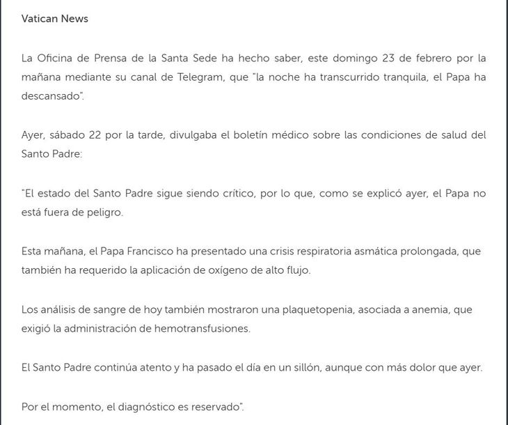 El comunicado publicado este domingo 23 de febrero por el Vaticano.