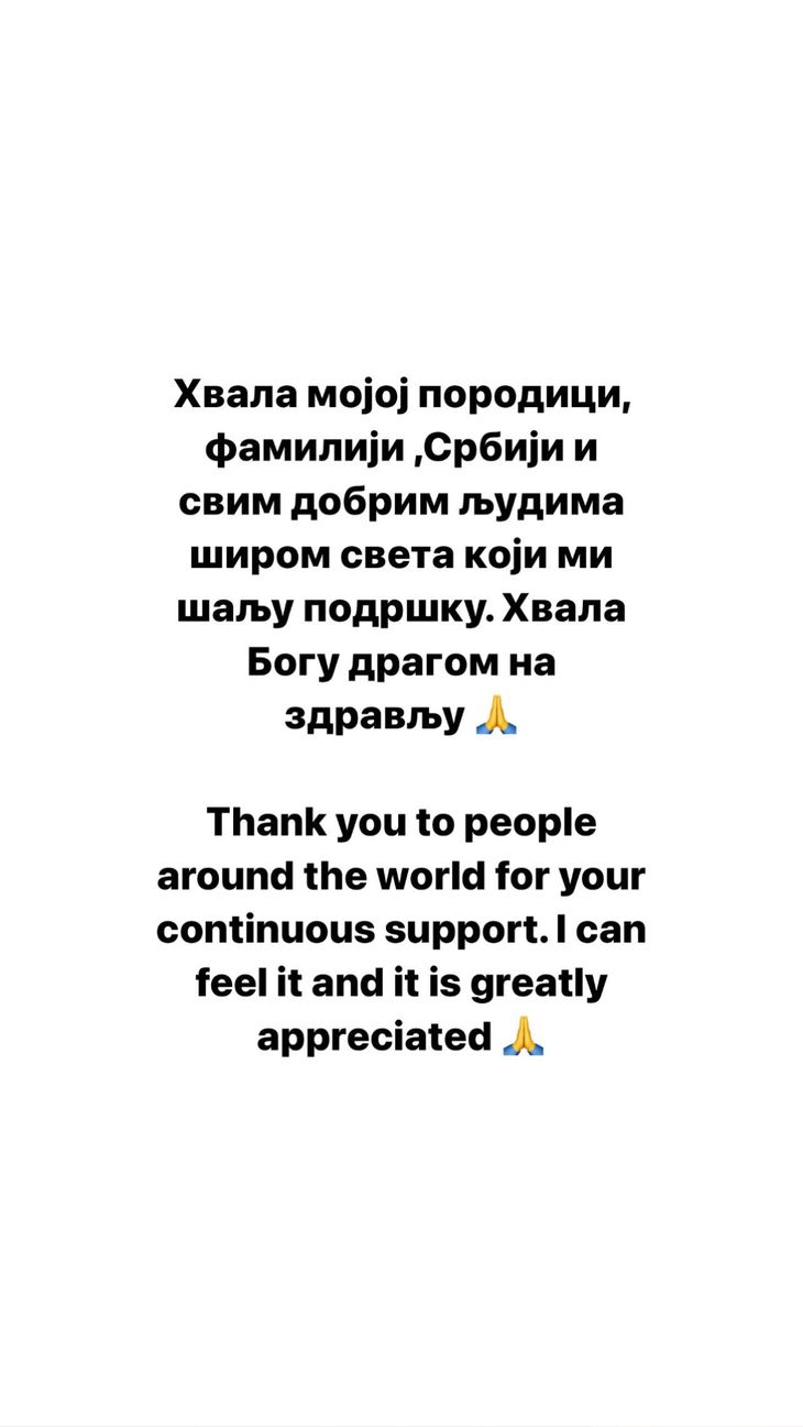 El mensaje de agradecimiento que Novak Djokovic publicó en su cuenta de Instagram.