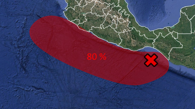La zona de baja presión que evolucionará al ciclón tropical Raymond.