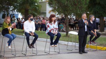 Recuerdo. Axel Kicillof, Cristina de Kirchner, Alberto Gelené y Máximo Kirchner en el acto por el Día de la Memoria en Las Flores.&nbsp;
