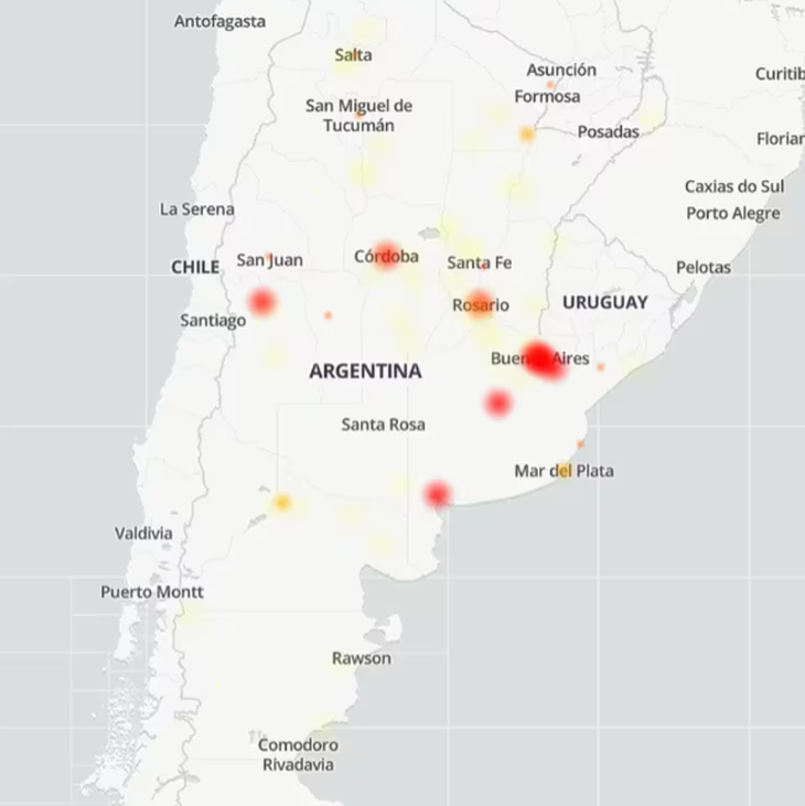 El mapa de las ciudades argentinas afectadas por los fallos de envío de mensajes en Argentina. (Downdetector)