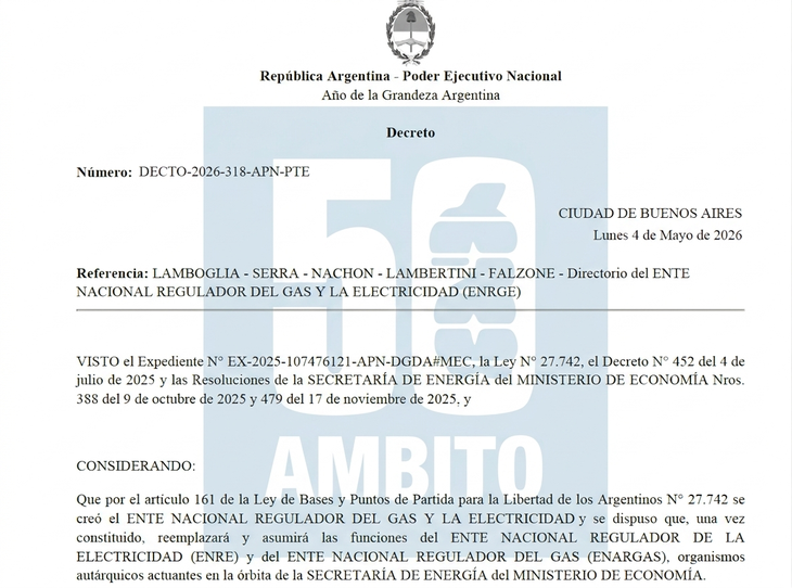 A través del Decreto 318, firmado por el presidente Javier Milei y el ministro de Economía Luis Caputo, se designaron las autoridades del Ente Nacional Regulador del Gas y la Electricidad (ENRGE). Hoy se rebautizó ENREGE. A través del Decreto 318, firmado por el presidente Javier Milei y el ministro de Economía Luis Caputo, se designaron las autoridades del Ente Nacional Regulador del Gas y la Electricidad (ENRGE). Hoy se rebautizó ENREGE.