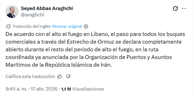 El mensaje de Ir&aacute;n en referencia al estado del estrecho de Ormuz.
