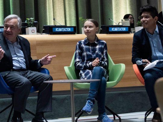 El secretario general de la ONU, Antonio Guterres; la activista juvenil sueca,&nbsp;Greta Thunberg y el argentino&nbsp;Bruno Rodríguez.&nbsp;