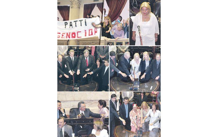 ámbito.com | Inusual: el oficialismo de Diputados permitió que se desplegara una bandera contra Patti en el recinto (arriba- Izq) Carrió, en su reingreso en la Cámara baja, juró en soledad (arriba-der). Los bonaerenses Ferro (UCR) y de Narváez recitan al lado de los f