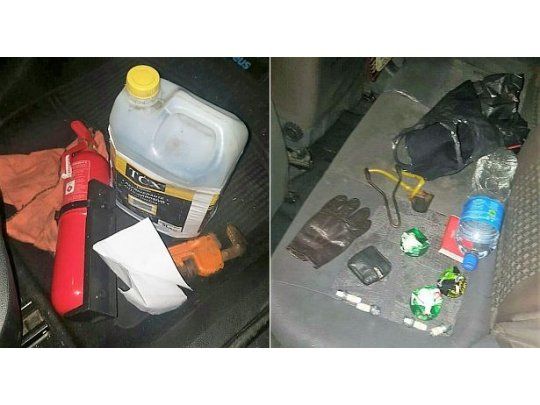 Los seis detenidos portaban en el interior del vehículo una botella de agua saborizada y un bidón con nafta, una manopla de hierro negro, un bastón extensible y gas pimienta.