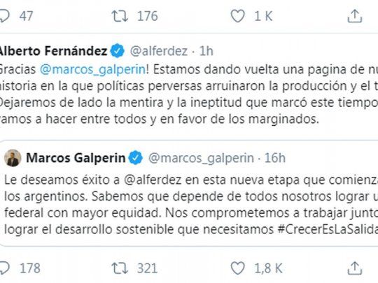 El intercambio de mensajes entre Alberto Fernández y Marcos Galperín.