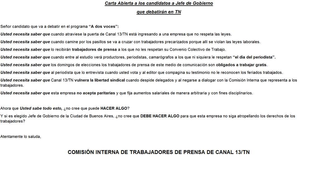En la previa al debate, denuncian persecución gremial en Clarín y en Canal 13 (foto 1)