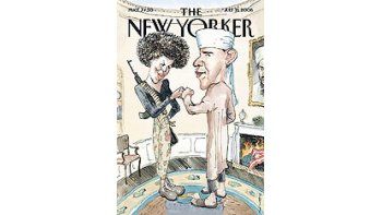 La tapa de la revista The New Yorker recoge todos los elementos esgrimidos por quienes denostan a Obama: la ropa lo muestra como musulmán: el retrato en la pared, como admirador de Bin Laden; la bandera ardiendo, como antipatriota; y su mujer, Michelle, armada como una militante negra radical de las Panteras Negras. La publicación dijo que quiso denunciar a los difamadores, pero no le creen.
