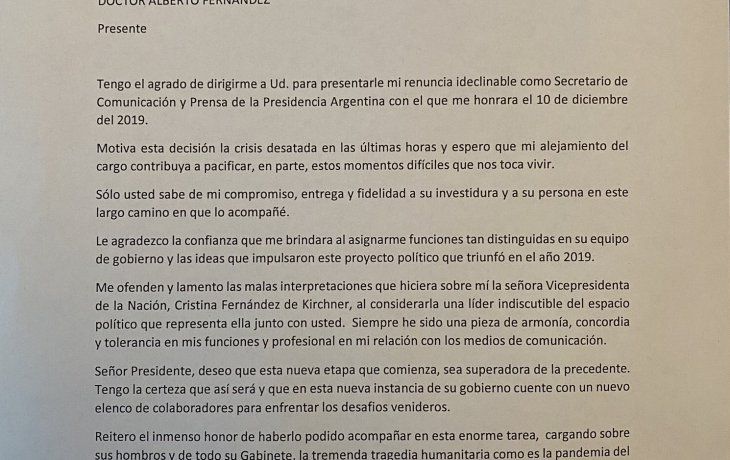 la carta completa de la renuncia del vocero juan pablo biondi
