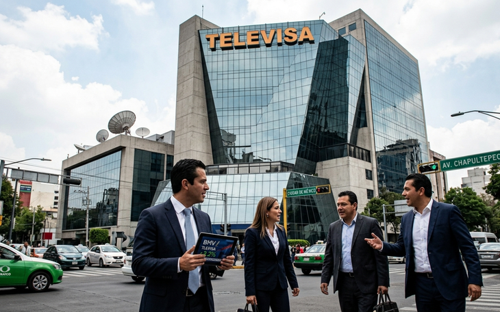 Ejecutivos de Televisa analizan los movimientos de la BMV frente a las instalaciones de la compañía en la Ciudad de México, tras el anuncio de su nueva estrategia de capitalización. Ejecutivos de Televisa analizan los movimientos de la BMV frente a las instalaciones de la compañía en la Ciudad de México, tras el anuncio de su nueva estrategia de capitalización.