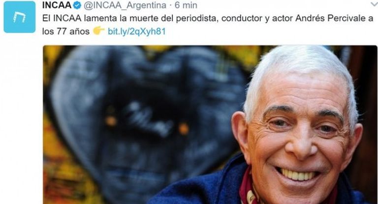 El INCAA publicó en sus redes sociales un mensaje lamentando la muerte del periodista Andrés Percivale, pero con la foto del humorista uruguayo Carlos Perciavalle.
