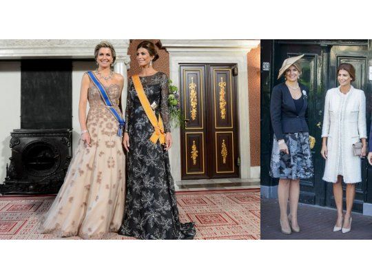 Duelo de atuendos. Para el primer día de la visita oficial a Holanda, Juliana Awada utilizó dos looks distintos. Con la reina Máxima, cada una con su estilo, se diferenciaron en los colores y accesorios. El peinado, muy similar.