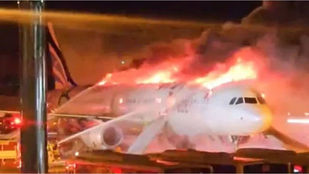 A plane caught fire before taking off