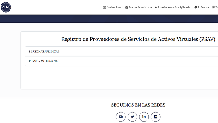 La Comisión Nacional de Valores creó el Registro de Proveedores de Servicios de Activos Virtuales (PSAV), mediante la RG N° 994 publicada en el Boletín Oficial el 25/03/2024. Es una base de datos de consulta pública.