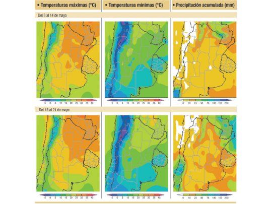 Viento en el sudeste y lluvias en el norte del área agrícola