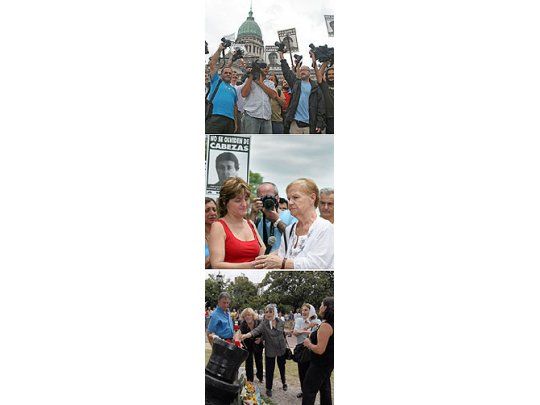 El camarazo frente al Congreso (arr), Gladys y Norma Cabezas (centro), depositan flores frente a la gobernación (abajo).