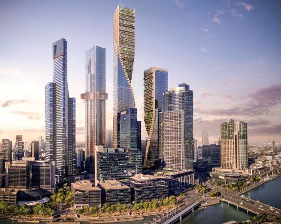 Proyección del skyline de Melbourne con The Green Spine como futura torre más alta del continente. La estructura superará a la Q1 Tower y marcará un nuevo récord para Oceanía Proyección del skyline de Melbourne con The Green Spine como futura torre más alta del continente. La estructura superará a la Q1 Tower y marcará un nuevo récord para Oceanía