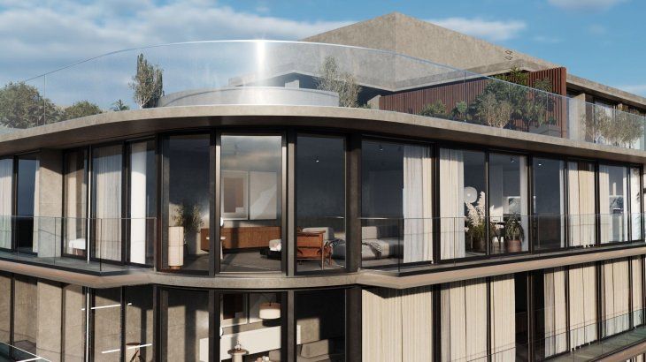 Render del remate del edificio donde se aprecian las viviendas, su luminosidad y la corvatura en esquina Render del remate del edificio donde se aprecian las viviendas, su luminosidad y la corvatura en esquina