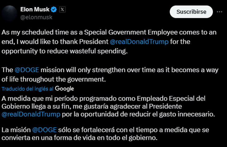 El tuit de Elon Musk para anunciar su salida del gobierno estadounidense.