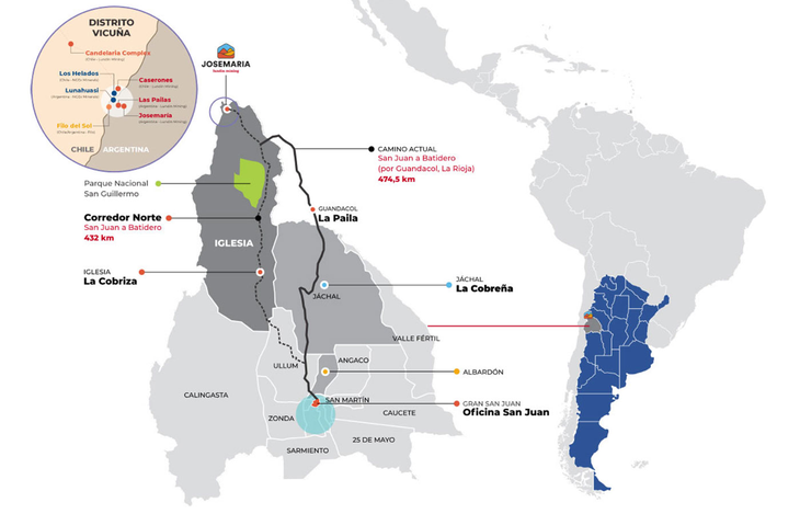 The current route to get to the Batidero de Josemaría camp is through the Riojan town of Guandacol. The Northern Corridor seeks to open a new, more direct and safe road of 432 km total from the city of San Juan. The current route to get to the Batidero de Josemaría camp is through the Riojan town of Guandacol. The Northern Corridor seeks to open a new, more direct and safe road of 432 km total from the city of San Juan.