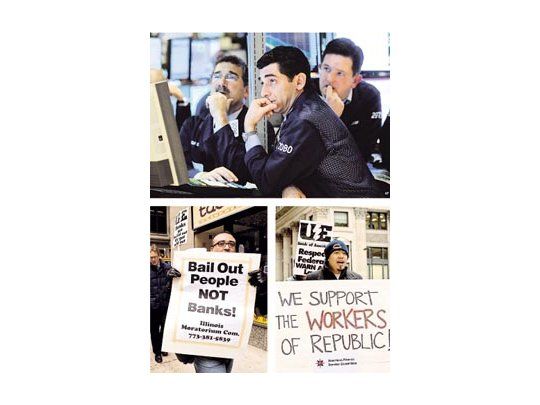 Expectantes, los operadores de la Bolsa de Nueva York ayer reemplazaron el «ser o no ser» por el «¿habrá o no habrá?» ayuda para las automotrices. Mientras, trabajadores se manifestaron en Chicago frente al Bank of America. Los problemas ocupacionales aumentan cada día.