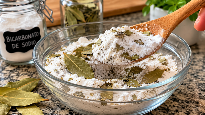 Mezcla de bicarbonato de sodio con laurel.