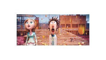 Flint y Sam, azorados ante el chaparrón con ketchup. «Lluvia de hamburguesas» es un espléndido debut de la división de animación digital de Sony.