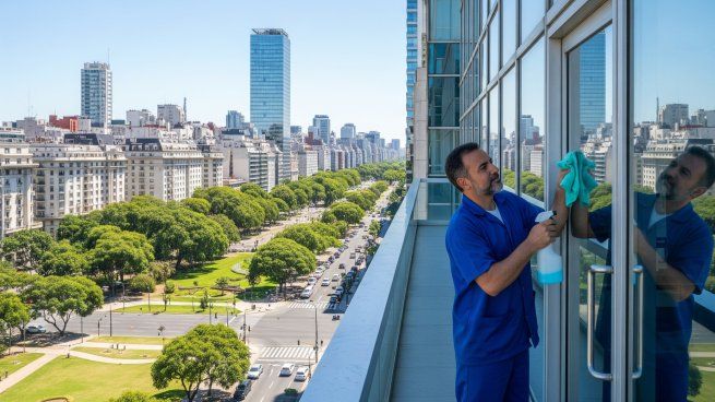 Un encargado realiza tareas de limpieza en un edificio de la Ciudad de Buenos Aires. Las expensas cubren servicios esenciales para el mantenimiento de los consorcios