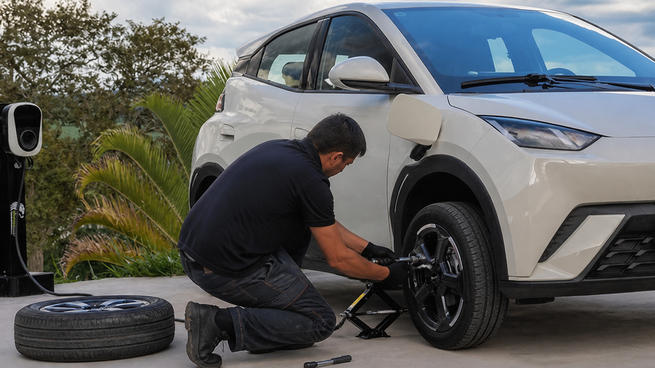 Cambio de neumático en un vehículo electrificado. La rueda de auxilio sigue como la solución más directa frente a imprevistos en ruta