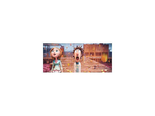Flint y Sam, azorados ante el chaparrón con ketchup. «Lluvia de hamburguesas» es un espléndido debut de la división de animación digital de Sony.