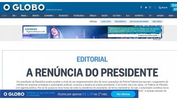 ámbito.com | La portada web de O GLobo, pidiendo la renuncia de Temer.