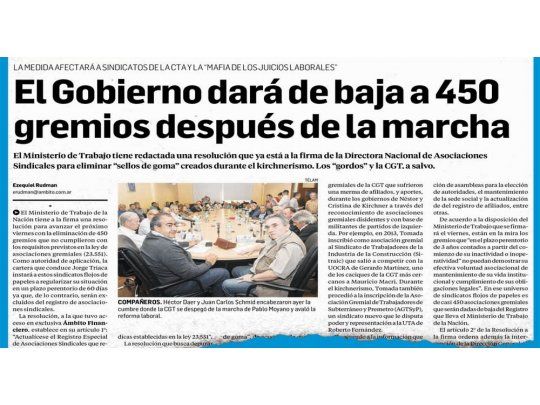 Adelanto. La semana pasada, Ámbito Financiero publicó la disposición para depurar el mapa de casi 3.000 gremios. Ayer se formalizó.