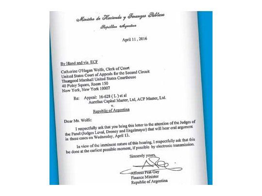 Carta: Prat Gay pide rapidez a jueces de EE.UU.