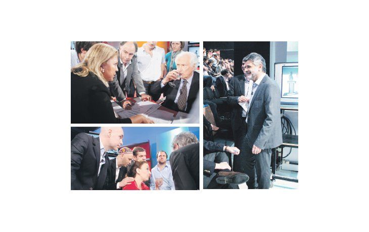 ámbito.com | Fernando Pino Solanas, Gabriela Michetti y Daniel Filmus, ayer en el estudio de TV , fueron alentados por sus asesores y compañeros de lista en los cortes de la grabación del debate por la senaduría porteña que se emitió anoche.