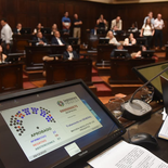 Cobre en Mendoza. En la pantalla figuran 27 votos a favor, pero finalmente fueron 29 en total, más dos que se sumaron por secretaría. Cobre en Mendoza. En la pantalla figuran 27 votos a favor, pero finalmente fueron 29 en total, más dos que se sumaron por secretaría.