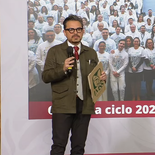 Zoé Robledo en la Mañanera de este martes. Zoé Robledo en la Mañanera de este martes.