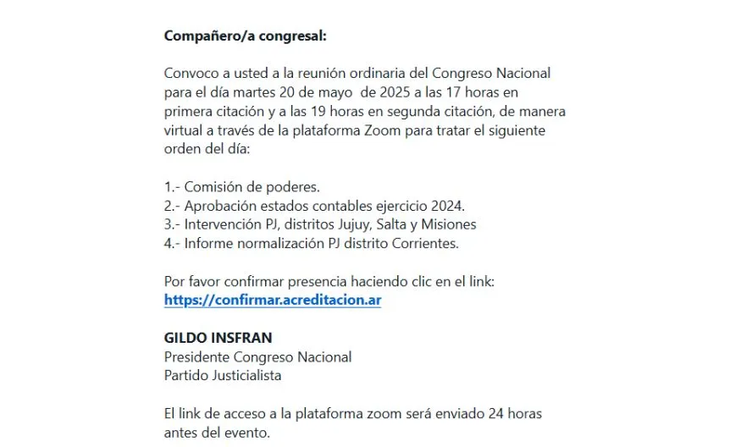 La notificación para el Congreso del PJ
