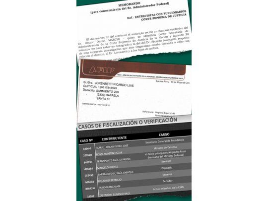 Para demostrar que son numerosos los funcionarios que caen en fiscalizaciones de la AFIP, y que “no denuncian persecuciones políticas por ello”, Ricardo Echegaray mostró una lista de ocho contribuyentes que están siendo investigados. La encabeza Oscar Parilli, secretario general de la Presidencia, seguido por el ministro de Defensa, Agustín Rossi. En el grupo también están incluidos Eugenio Zaffaroni, miembro de la Corte Suprema, y el senador Rolando Bermejo. Sobre el caso Lorenzetti, el titular
