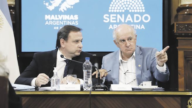 Comando. Los presidentes de las comisiones de Asuntos Constitucionales (Guillermo Snopek) y de Justicia (Oscar Parrilli), ayer en la Cámara alta.