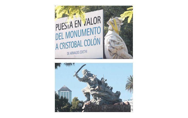 El almirante espera desperdigado, junto al resto de sus piezas escultóricas en el Espigón Puerto Argentino en la Costanera Norte. Juana Azurduy mira la Casa de Gobierno.